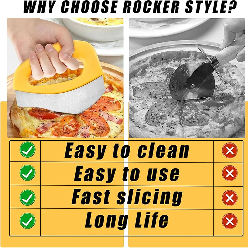 Stainless steel pizza cutter with cover demonstrating easy slicing and cleaning features.