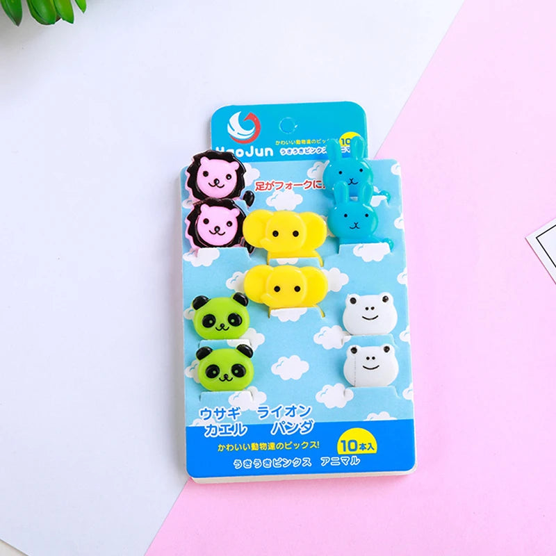 A set of 10 cute fruit and dessert animal picks for kids featuring various colorful characters on a blue card.