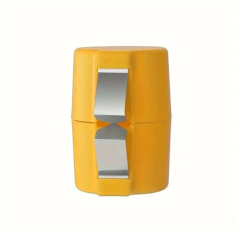 A yellow portable egg shell opener and separator tool with silver blades.