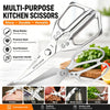 A set of multi-purpose kitchen scissors made of stainless steel showing various cutting angles and a citrus fruit.