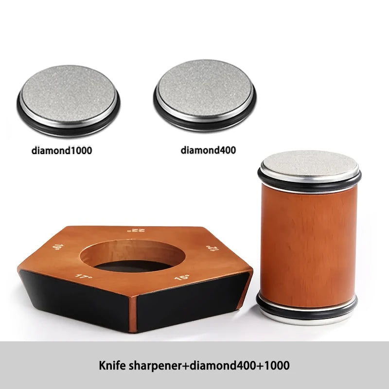 Knife sharpener with diamond 1000 and 400 blades shown alongside a wooden block.