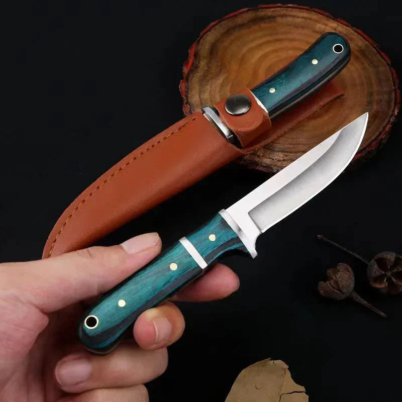 A heavy-duty utility cleaver knife with a wooden handle is shown being held over a dark background.