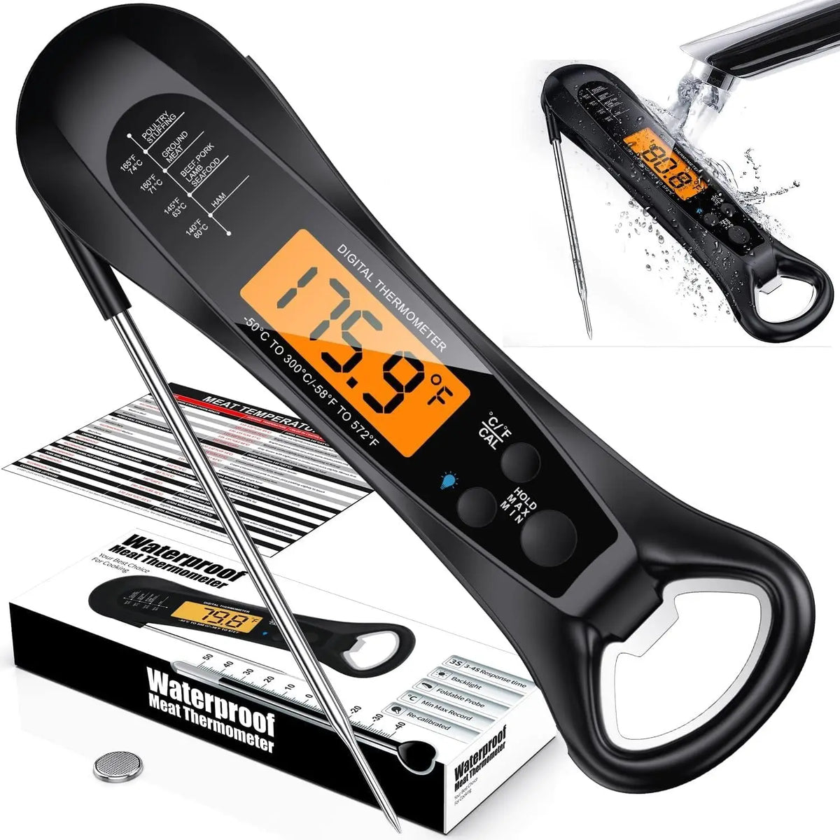 Termómetro digital de carne negro con sonda, junto a su empaque y una vista separada del dispositivo.