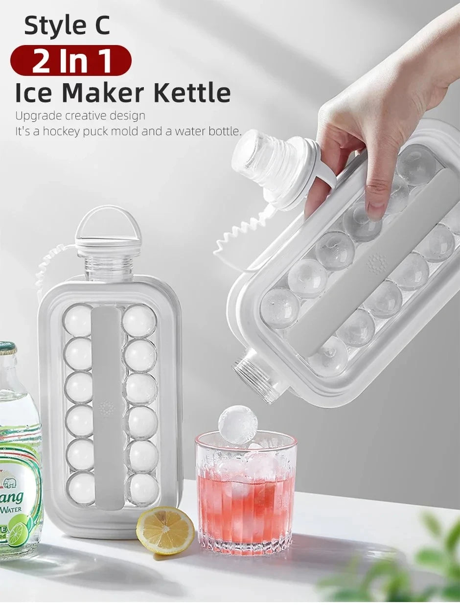 A hand is shown pouring water into a clear bottle-shaped ice maker kettle, with ice cubes visible inside.