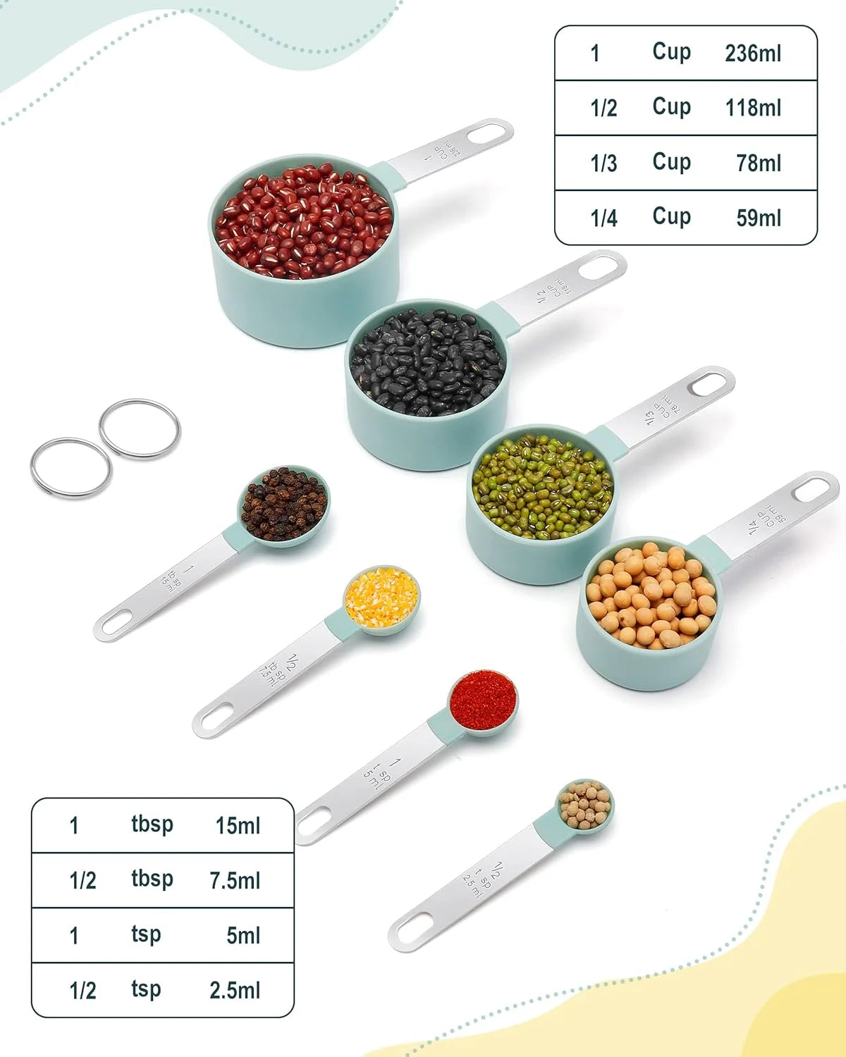 A set of precision stainless steel measuring spoons and cups with various liquid volumes