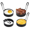 A set of stainless steel egg rings used for breakfast cooking, featuring a skillet and an egg ring.