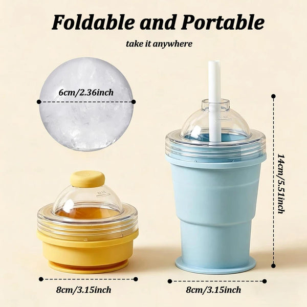A reusable silicone ice ball cup with a straw shown in various sizes and contexts.