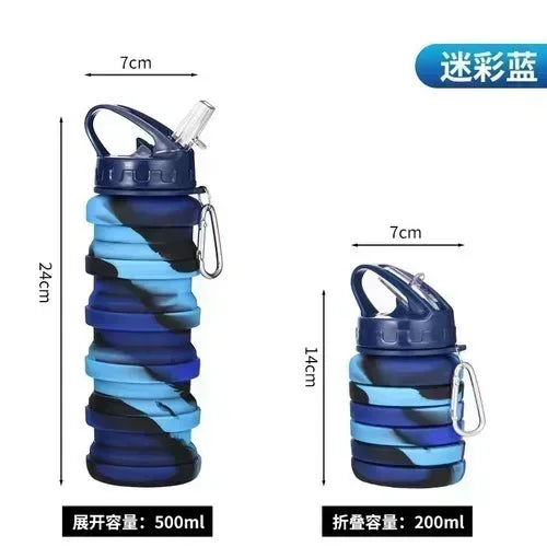 A set of blue and black collapsible silicone water bottles shown with dimensions and capacity information.