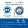 Certification badge showing NSF/ANSI 42 & 372 certified for drinking water safety.