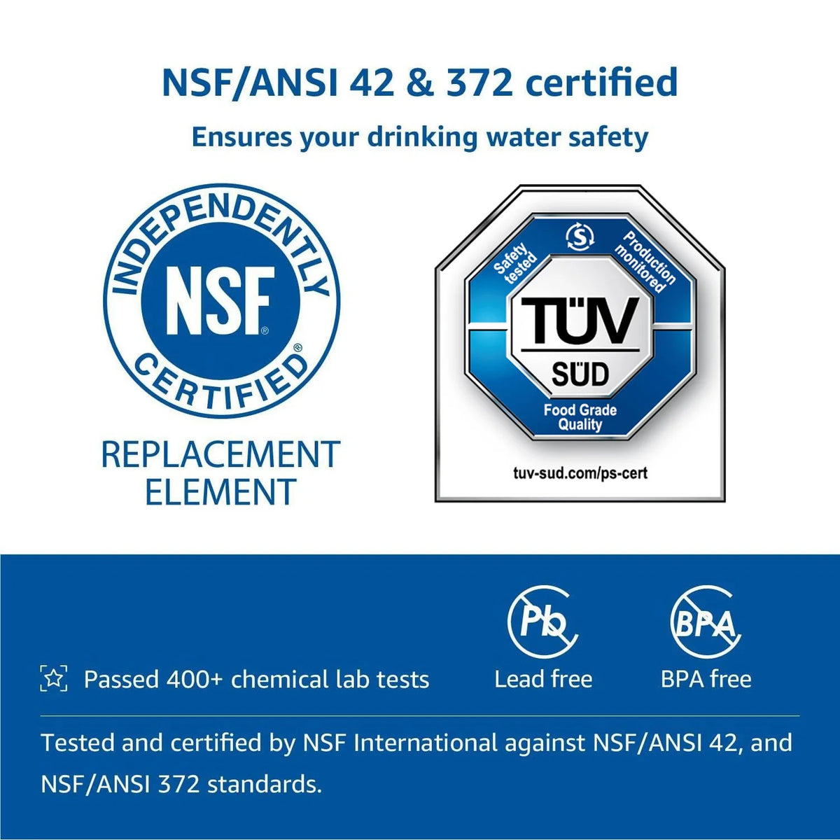 Certification badge showing NSF/ANSI 42 & 372 certified for drinking water safety.
