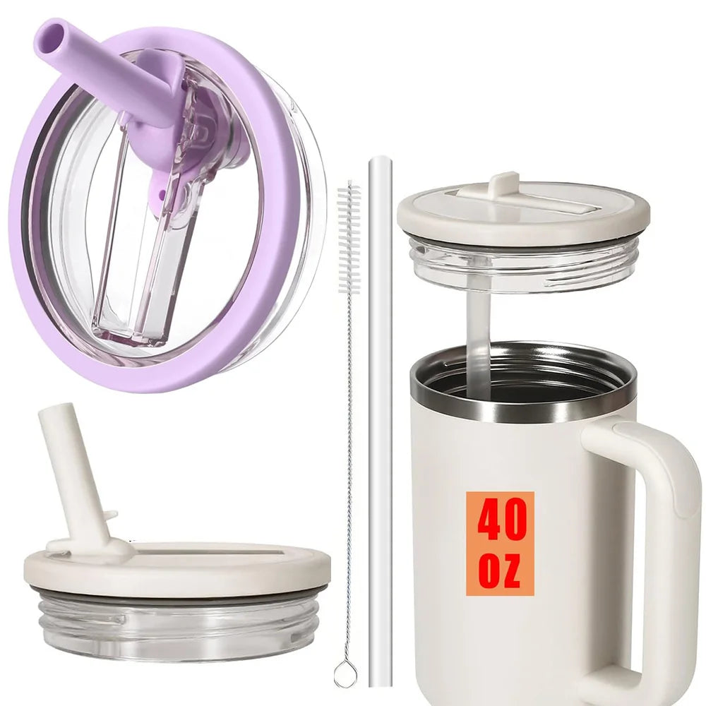 A set of leak-proof lids and a 40 oz stainless steel tumbler with a handle.