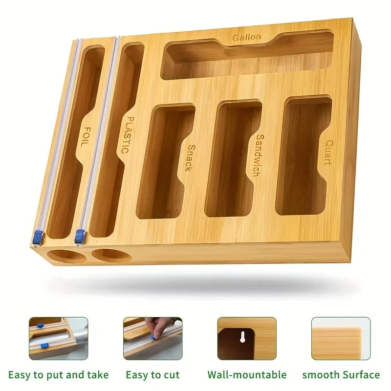 Wooden bamboo storage dispenser with compartments for foil, plastic wrap, snack, sandwich, and quart containers.