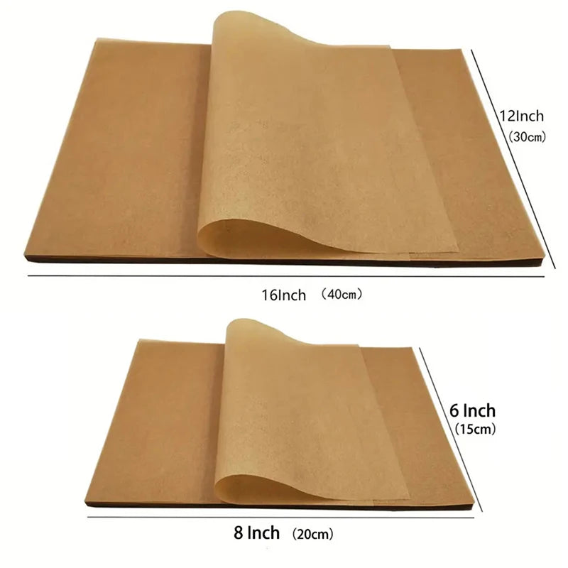 A set of three non-stick baking sheets made of premium parchment paper in various sizes, including 12 inch, 16 inch, and 8 in