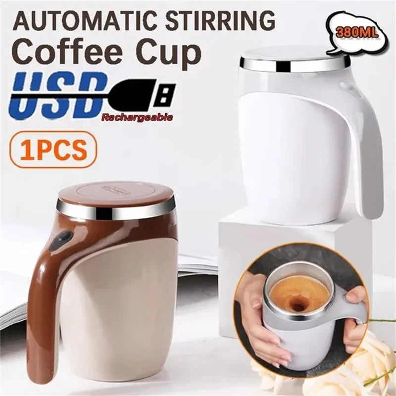 A white automatic stirring coffee cup with a brown handle and lid is shown next to a measuring cup.
