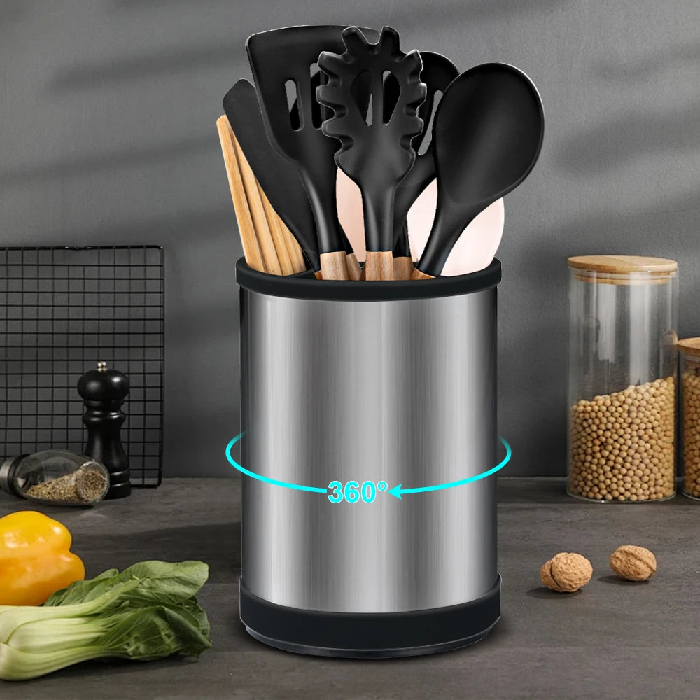 A silver container holding black cutlery with a 360-degree rotating feature.