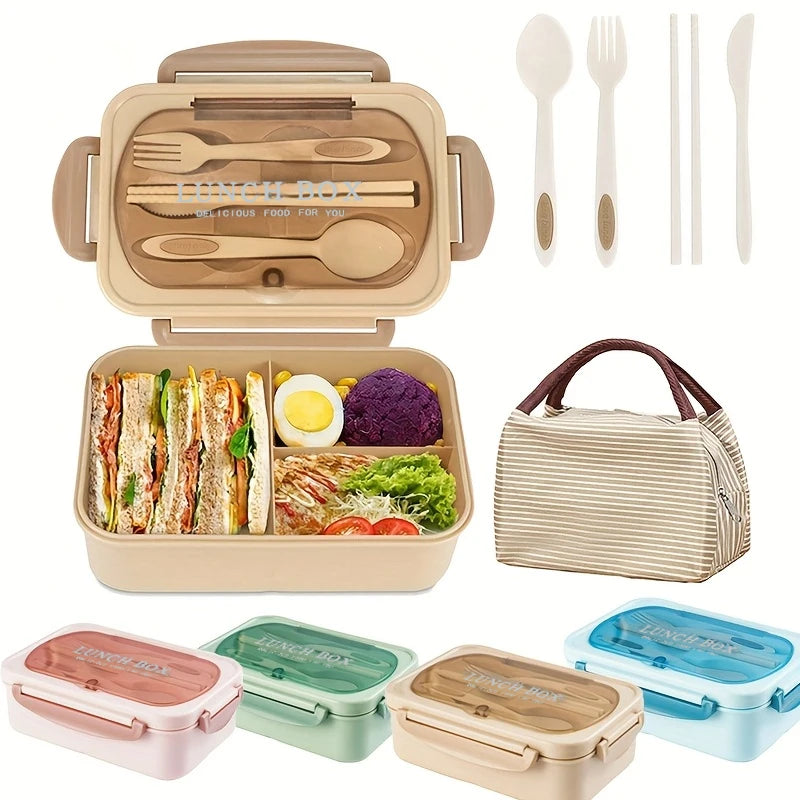 A set of various lunch boxes and cutlery including a main bento box, small containers, and utensils in beige, pink, green, an