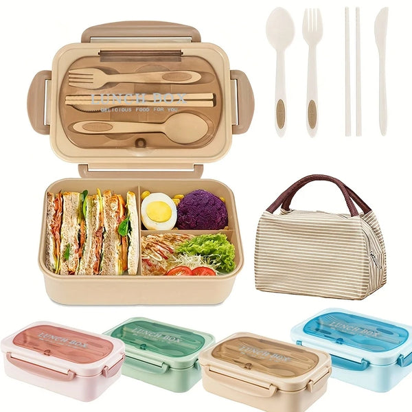 Ein Set verschiedener Lunchboxen und Besteck in Beige, Pink, Grün und...