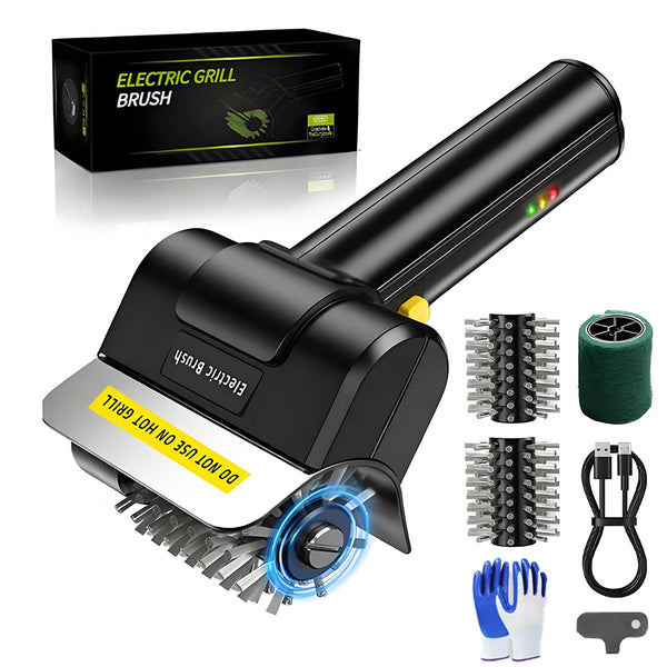 Schwarzer Elektrogrillbürste mit Edelstahlborsten und Reinigungskopf, gezeigt neben Verpackung und Zubehör.