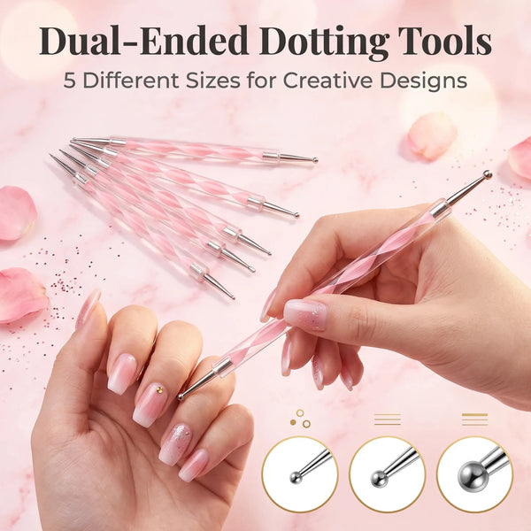 A hand holds a set of dual-ended dotting tools for nail art designs, showing various sizes and tips.