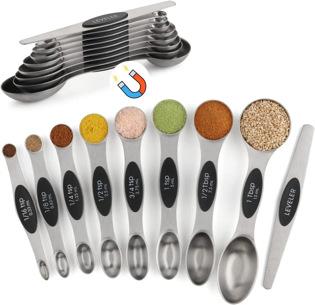 A set of magnetic stainless steel measuring spoons and a leveler tool.