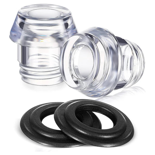 A set of clear glass percolator replacement parts including a top piece and several black rubber rings.