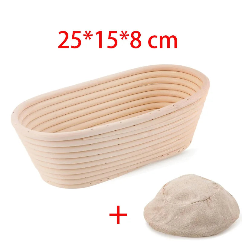 A light pink natural rattan bread proofing basket with a beige cloth cover.