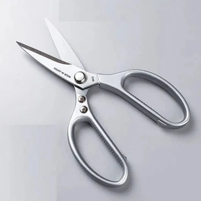 A pair of silver heavy-duty stainless steel multi-function kitchen scissors with sharp blades.