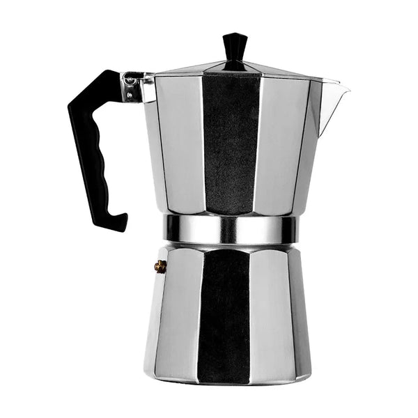 Silberner italienischer Aluminium-Moka-Kaffeemaschine mit schwarzem Griff und Deckel.