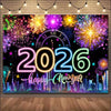 A vibrant digital art banner featuring fireworks and the year 2026 with a happy new year message.