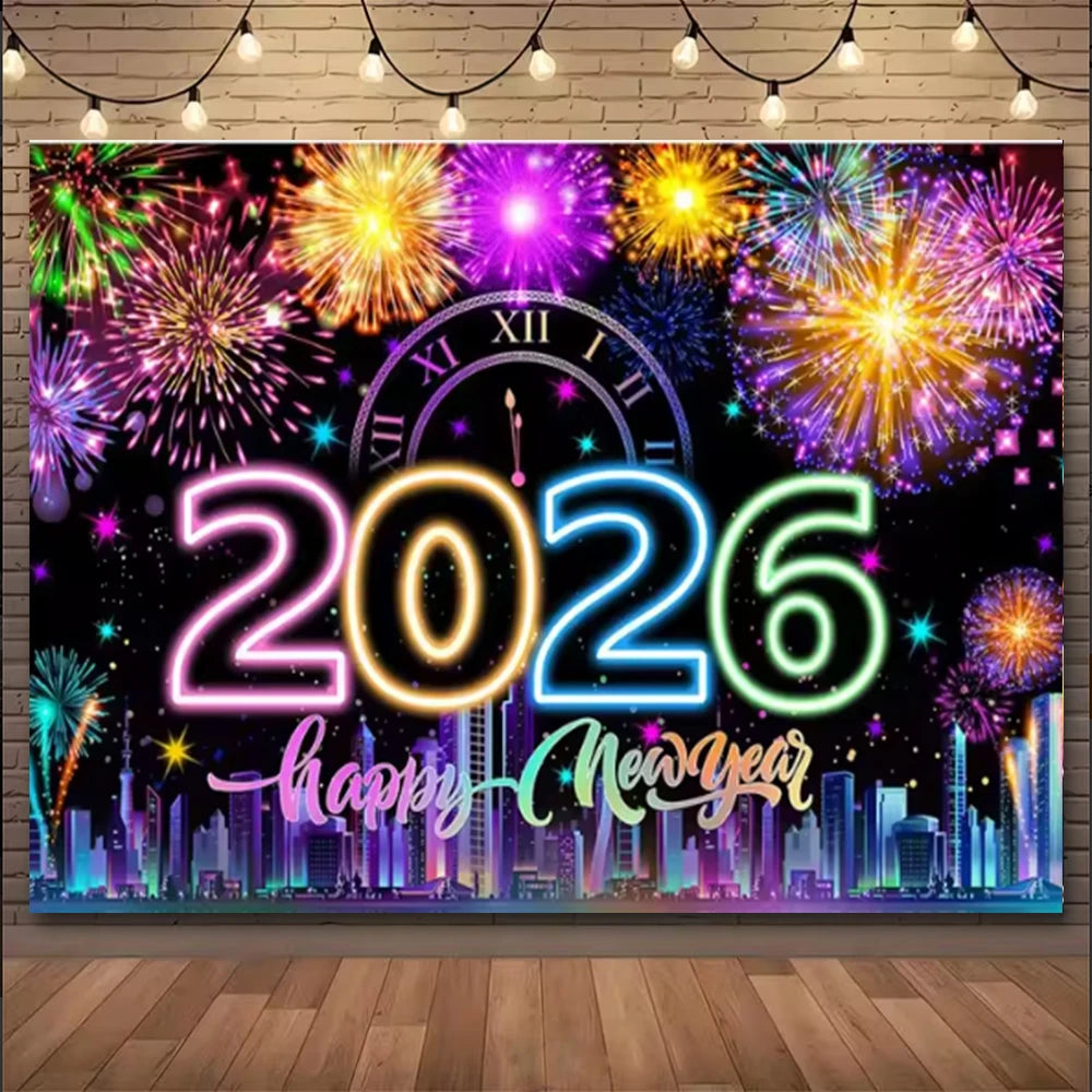 A vibrant digital art banner featuring fireworks and the year 2026 with a happy new year message.
