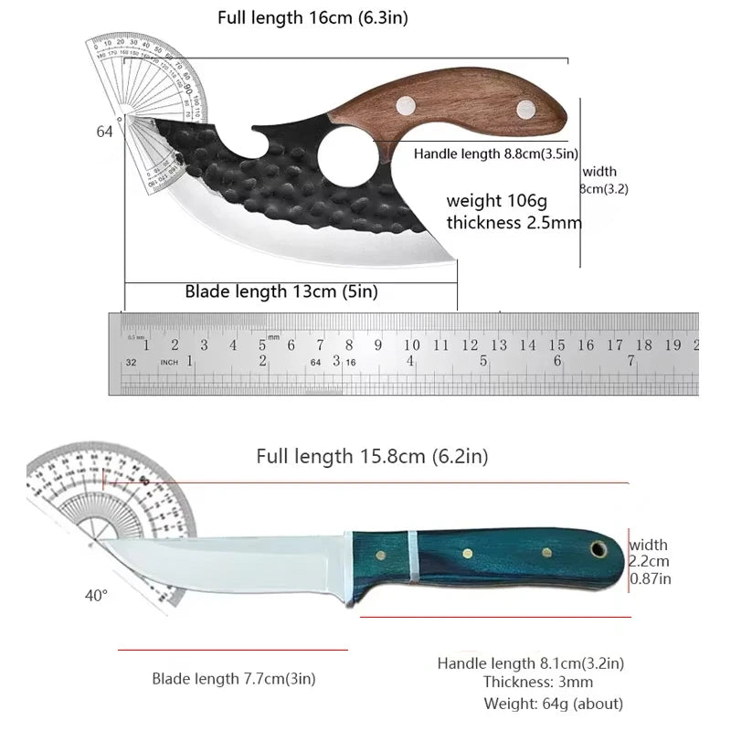 A diagram showing the dimensions and specifications of a full length 16cm utility cleaver knife with a wooden handle.