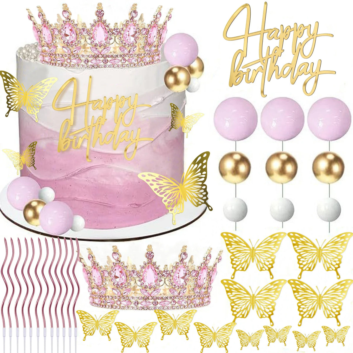A pink birthday cake decorated with gold glitter text and butterfly accents on a white background.