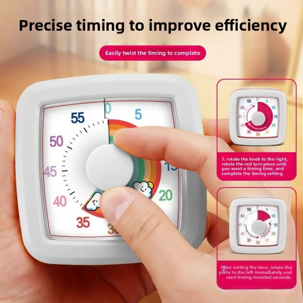 A hand is twisting a white visual countdown timer to set the time for timing efficiency.