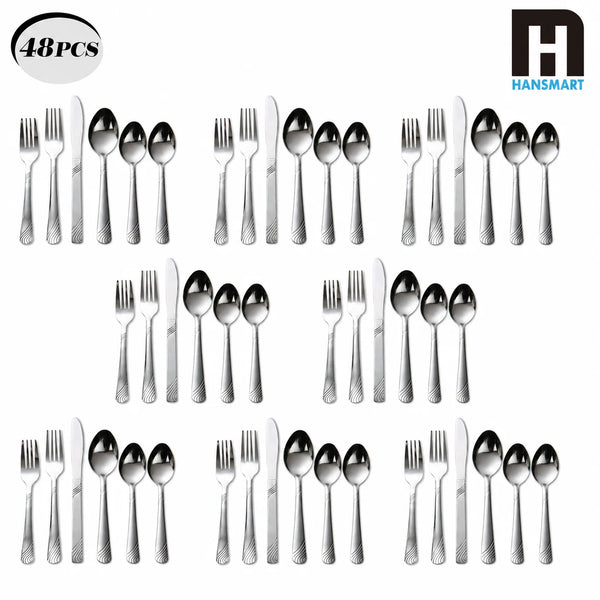 Ein Set aus 48 Stück Edelstahlbesteck, einschließlich Gabeln, Löffeln und Messer.
