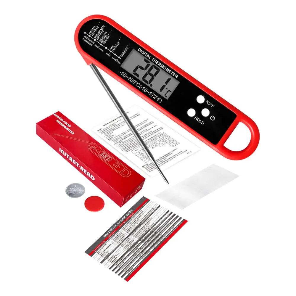 A red digital meat thermometer displaying a temperature of 28.1 degrees Celsius.