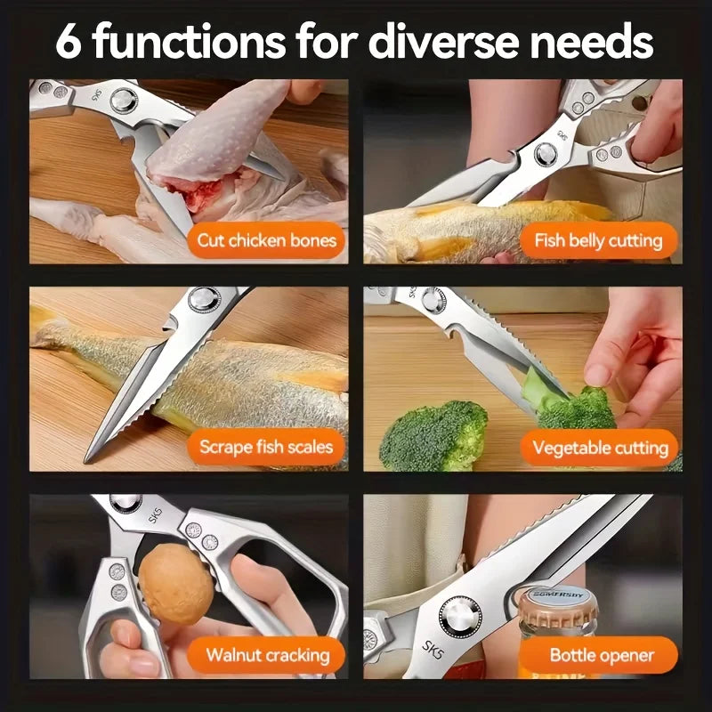 A set of heavy duty stainless steel kitchen shears demonstrating six functions including cutting bones, fish belly, scales, v