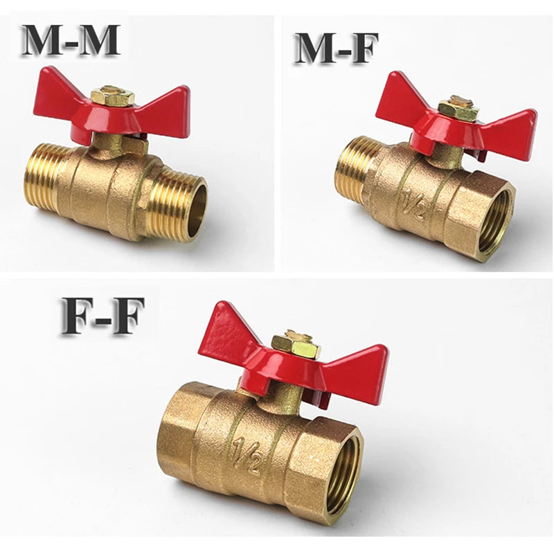 Three views of a two-way brass ball valve for fluid control labeled M-M, M-F, and F-F.