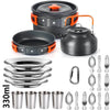 A set of camping cookware including a pot, lid, and multiple frying pans and cups.