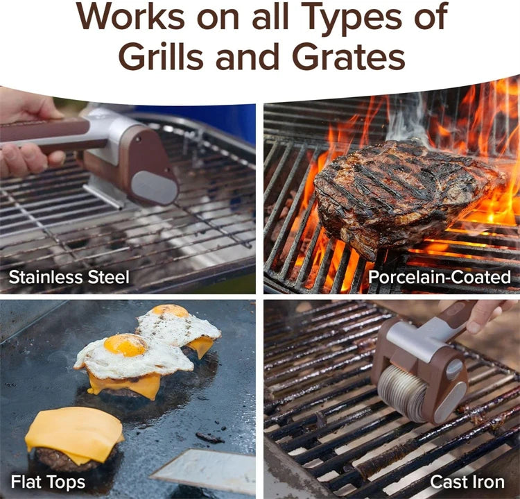 Rechargeable electric BBQ cleaning brush used on various grills and grates including stainless steel, porcelain-coated, flat 