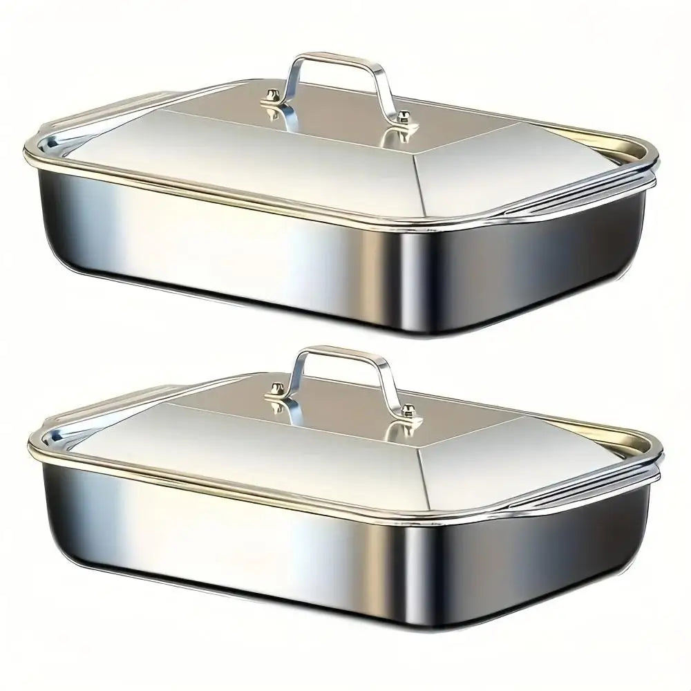 A set of two stainless steel baking pans with lids shown in a side-by-side view.