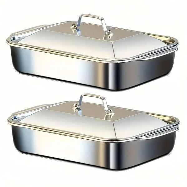 Ein Satz aus zwei Edelstahl-Backformen mit Deckeln in Seitenansicht.