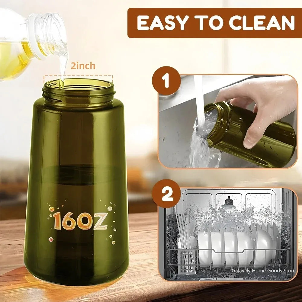 A glass oil dispenser labeled 160Z is shown next to a cleaning kit for household goods.