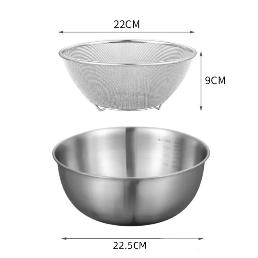 A stainless steel mixing bowl set featuring a large bowl and a smaller sieve, with dimensions provided.