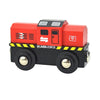A red and black wooden magnetic train car set featuring a Bumblebee locomotive.