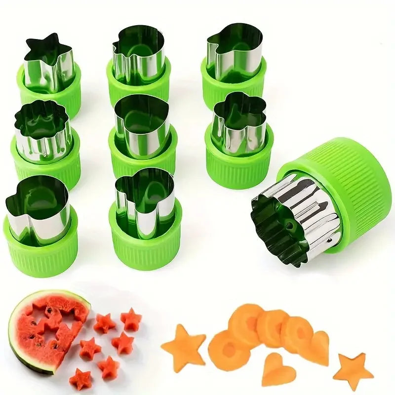 A set of 12 stainless steel vegetable and fruit molds in bright green plastic containers.