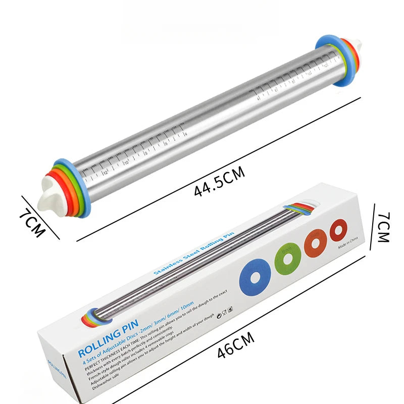 Stainless steel rolling pin set with baking mat and various colored silicone accessories