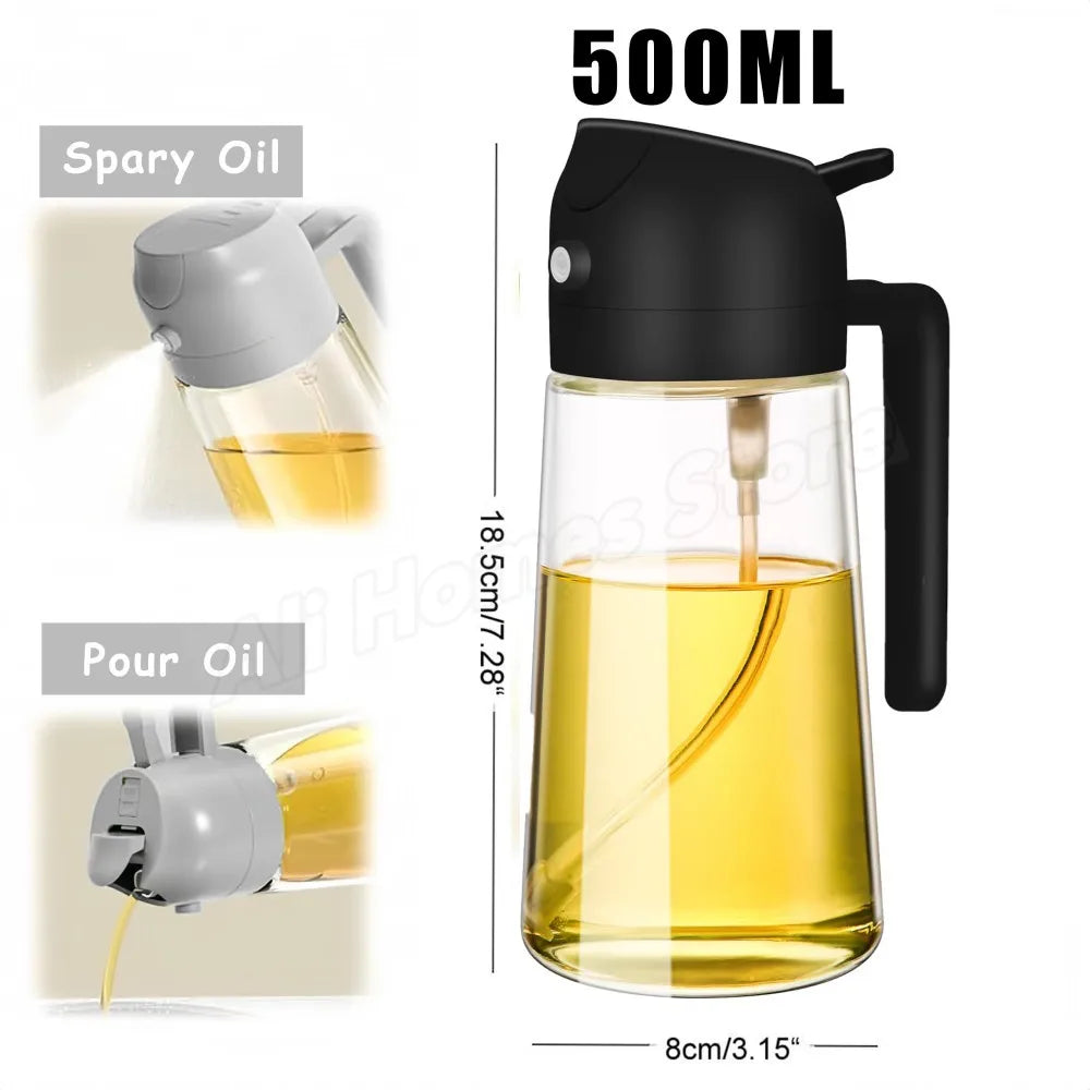 A 500ml 2-in-1 oil sprayer bottle in black and clear glass, showing both pour and spary oil functions.