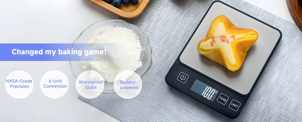 A yellow star-shaped baked item rests on a digital kitchen scale next to a bowl of white flour and various product features a