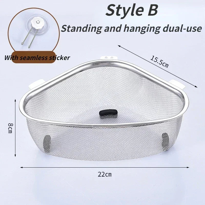 Passoire en triangle en acier inoxydable avec autocollant, montrant ses dimensions et sa double utilisation.