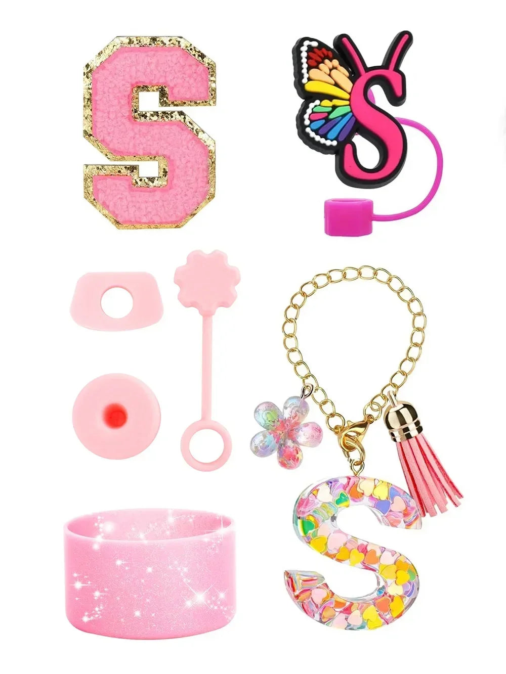 A set of silicone straw covers and accessories in pink and gold colors for tumblers.